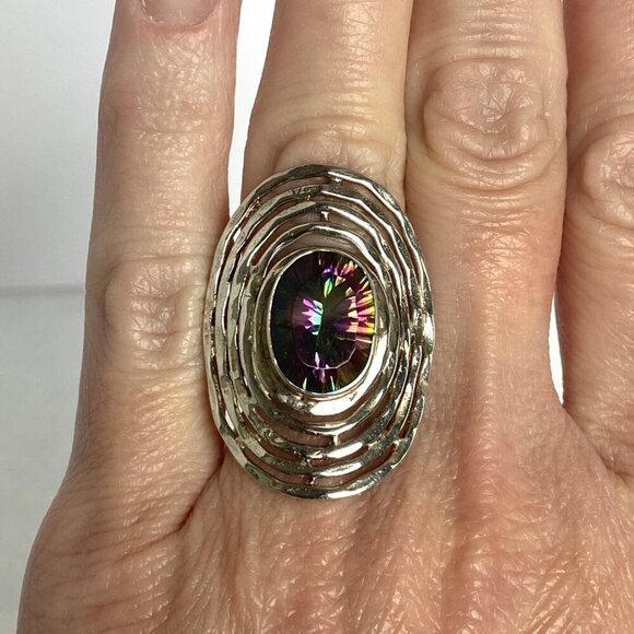 Sterling Silver 925 India Large Bezel Set Oval Mystic Quartz Statement Ring 5.5 - Picture 1 of 16
